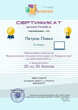 сертификат участнику за участие в олимпиадах по информатике